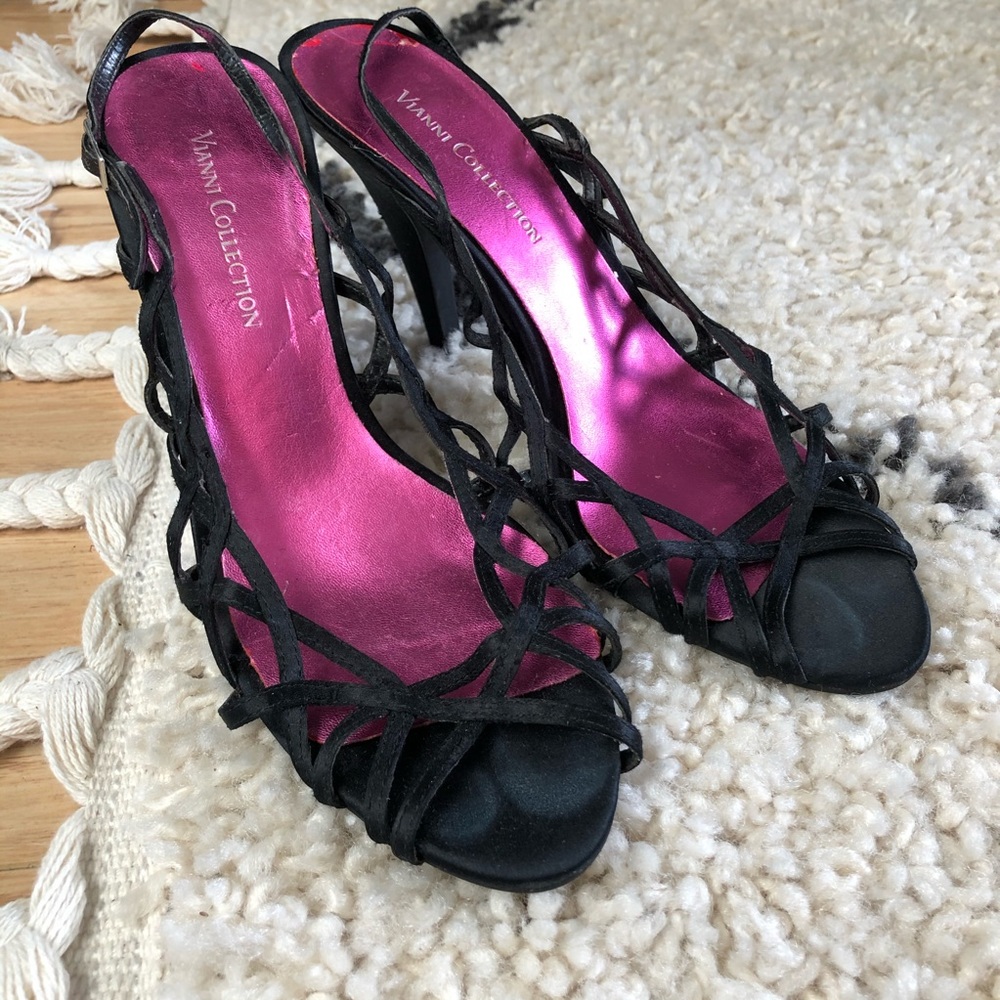 Vianni black satin strappy peep toe high heel dressy formal sandals 7.5